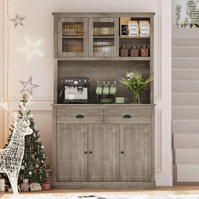 Kitchen Pantry Storage Cabinet 71" Tall Wood Pantry with Microwave Stand Modern Kitchen Hutch Cabinet Coffee Bar Hutch with Wine Rack