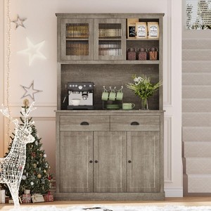 Kitchen Pantry Storage Cabinet 71" Tall Wood Pantry with Microwave Stand Modern Kitchen Hutch Cabinet Coffee Bar Hutch with Wine Rack - 1 of 4