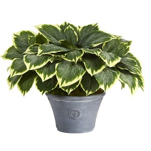 Nearly Natural 23-in Variegated Hosta Artificial Plant in Gray Planter - 1 of 3