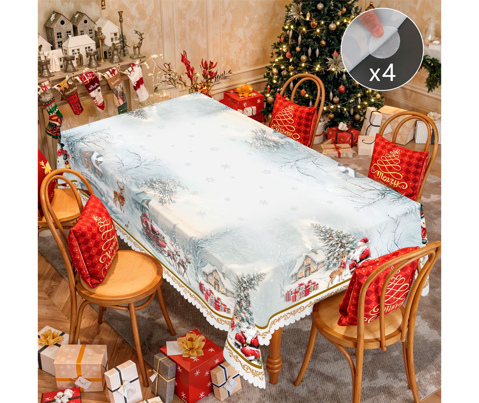 Merry Christmas Tablecloth, Snowman Santa Claus Christmas tree Stain-Resistant Dining Table Cover for Holiday Decor