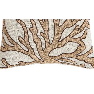 Natural Coral Hand Beaded Beige and Brown Throw Pillow 16" x 16"