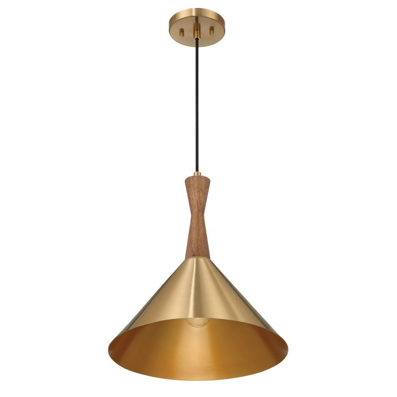 Robert Stevenson Lighting Axel Mid-Century Modern Metal and Natural Stained Wood Ceiling Light Brushed Gold, 1 of 12
