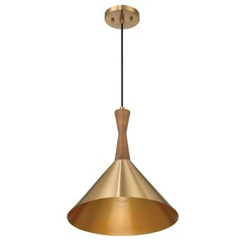 Robert Stevenson Lighting Axel Mid-Century Modern Metal and Natural Stained Wood Ceiling Light Brushed Gold