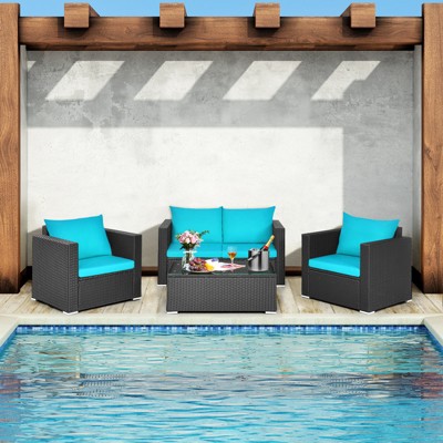 Tangkula 4PC Patio Rattan Wicker Conversation Furniture Set Sectional Sofa & Coffee Table
