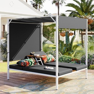 Outdoor Patio Sunbed Daybed, Upholstered Patio Bed With Cushions, Adjustable Seats, Middle Cup Holder Balcony, Poolside, Garden - 1 of 4