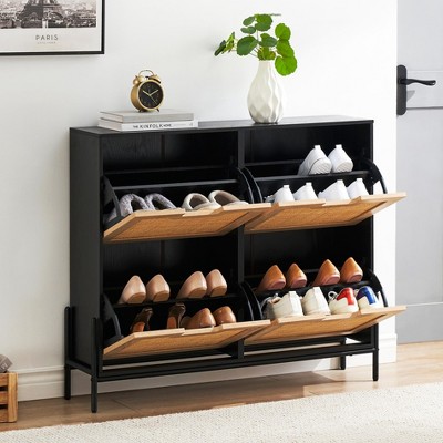 Whizmax Natural Rattan 4 Flip Door Shoe Cabinet Organizer Freestanding, Shoe Rack Storage Cabinet for Entryway with 3-Tier Adjustable Shelves