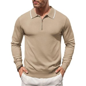 COOFANDY Men's Knit Polo Shirt Long Sleeve Quarter Zip Polo Sweater Casual Golf Shirts Vintage Striped Collar Polo - 1 of 4