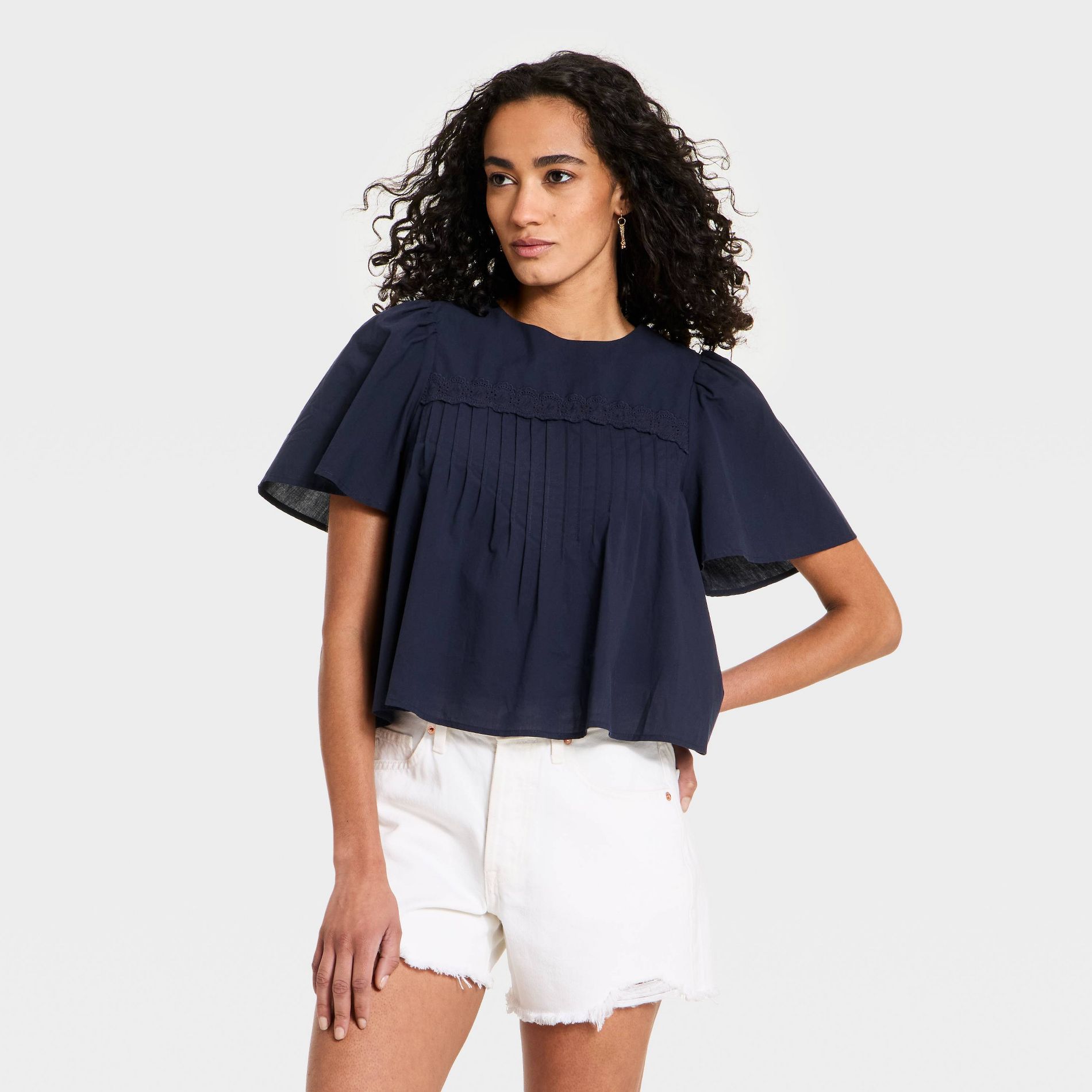 Women's Short Sleeve Lace Pintuck Blouse - Universal Thread™