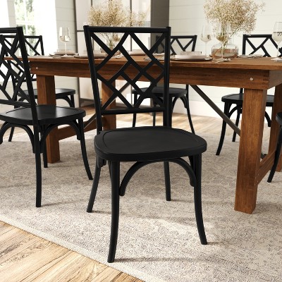 Set of 2 Black Solid Wood Dining Side Chairs with Lattice Back