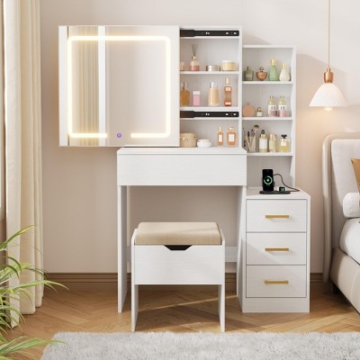 Makeup Vanity Desk with Mirror and Lights, Vanity Table with Adjustable LED Lighting, Power Outlet, Drawers & Storage Stool for Bedroom