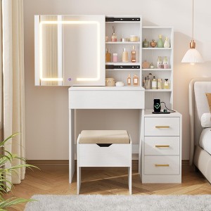 Makeup Vanity Desk with Mirror and Lights, Vanity Table with Adjustable LED Lighting, Power Outlet, Drawers & Storage Stool for Bedroom - 1 of 4