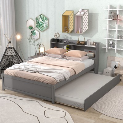 Okak Size Platform Bed Frame with Storage Headboard No Box Spring Needed Easy to Assemble Noiseless Bed with Trundle