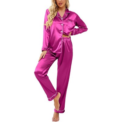 Ekouaer Women's Classic Button Down Long Satin Silk Pajama Set