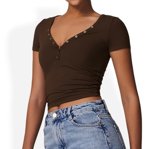 Anna-Kaci Women's Short Sleeve V-Neck Top with Grommet Details and Slim Fit - 1 of 4