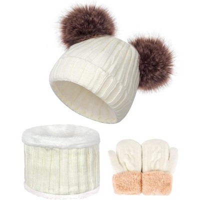 SENPUKI 3 Pcs Kids Winter Knitted Beanie Hat Scarf Gloves Set Warm Soft Thick Fleece Lining for Girls 1-10 Years