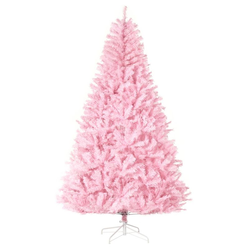 HOMCOM 7 FT Artificial Christmas Tree Holiday Decoration with Auto Open, Steel Base, Wide Shape, Pink, 1 of 7