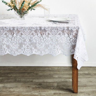 White Lace Rectangular Tablecloth with Floral Patterns, 54x72 in