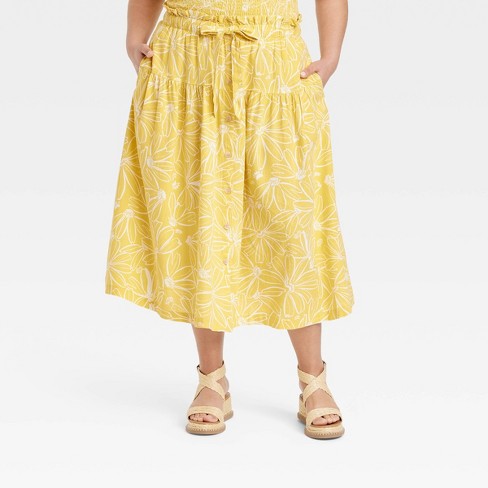 Women's Tie Waist Button-Front Midi Skirt - Universal Thread™ Yellow Floral  XXL