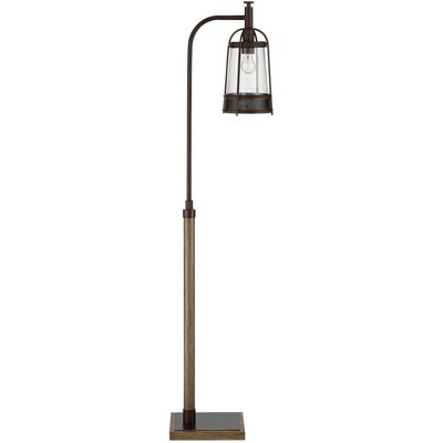 Franklin Iron Works Hugh Bronze and Faux Wood Downbridge Floor Lamp with USB Dimmer