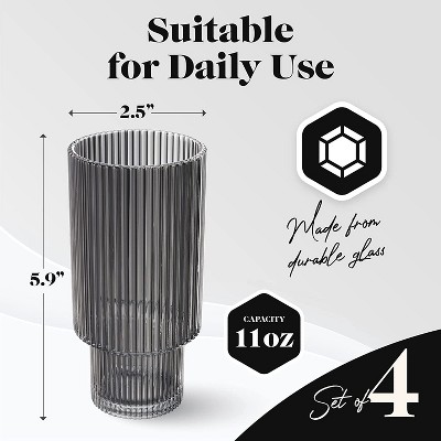 Smoke Gray Art Deco Fluted Glass Highball Set, 11 oz, 4-Piece