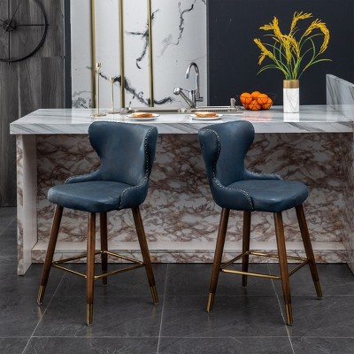 Nevis Blue Faux Leather Tufted Counter Stools with Walnut Legs, Set of 2