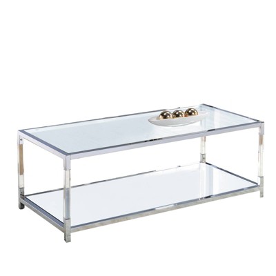 Glass Top Metal Coffee Table with Open Bottom Shelf Clear/Silver - Benzara