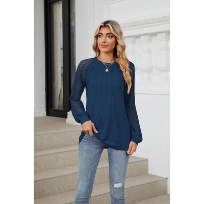 Womens Tops Round Neck Long Sleeve Lace Trim Relaxed Fit T Shirt Blue S