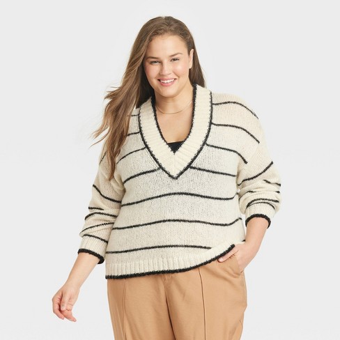 Women's Crewneck Tunic Pullover Sweater - A New Day™ Cream/black Striped Xs  : Target