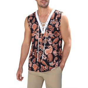 Clearlove Men's Tank Top Sleeveless Shirts V Neck Lace Up Retro Boho Shirts Summer Casual Tops - 1 of 4