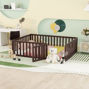Whisen Fun Desig Twin Size Wood Floor Platform Bed Frame with Fence and Door - 1 of 4
