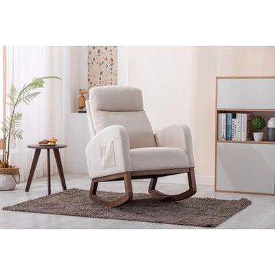 Okak Modern Rocking Accent Chair Armchair with Side Pocket and Wood Legs Comfy High Backrest Glider Chair for Bedroom Lounge Nursery, Beige