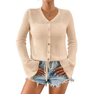 Coolmee Women's Crochet Cardigan Long Sleeve Open Front Button Down Trendy Casual Cropped Sweater - 1 of 4