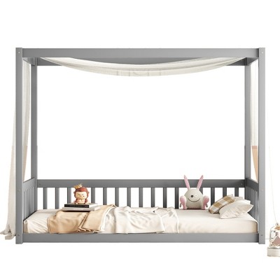 Dexmalle Twin Size Canopy Frame Floor Bed with Fence