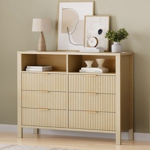 6 Drawer Dresser, Farmhouse Chest of Drawers with 2 Open Shelves and Fluted Doors, Home Storage and Organization for Living Room, Entryway - 1 of 4