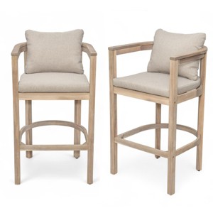 Set of 2 Outdoor Wooden Bar Stools with Armrests and Backrests, Light Natural Frame and Cushions, Patio Chairs for Balcony or Garden-The Pop Home - 1 of 4