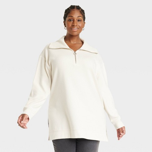 Women's Plus Size Ribbed Quarter Zip Tunic Sweatshirt - Ava & Viv™ Cream X  : Target