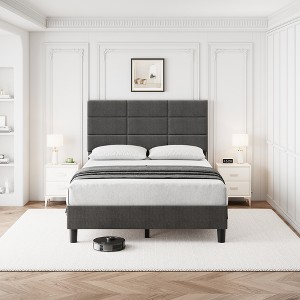 Bed Frame, Linen Upholstered Platform Bed Frame with Height Adjustable Headboard, Metal Frame - 1 of 4