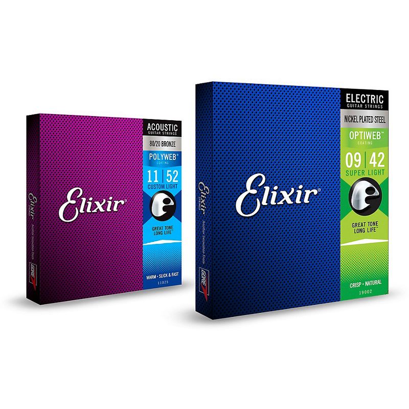 Elixir 2-Pack Light OPTIWEB Electric Guitar Strings and Light 80/20 Bronze POLYWEB Acoustic Guitar Strings Bundle, 1 of 7