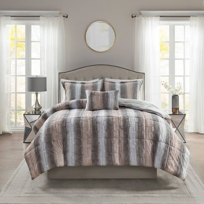 Blush and Gray Faux Fur Full Comforter Set
