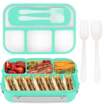 LunaLulinlk Bento Box, 1300ml Lunch Box Container with 4 Compartments, Fork, Leak-proof, Microwave/Dishwasher/Freezer Safe (Green)