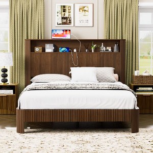 CAVINAS Wave-Panel Platform Bed Frame with Storage Headboard & Charging Station, Sturdy Metal & Wood Queen Size Bed Frame, Noise-Canceling Design - 1 of 4