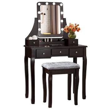 Tangkula Detachable Vanity Table Set Makeup Table with Mirror &Cushioned Stool WhiteBlackBrown