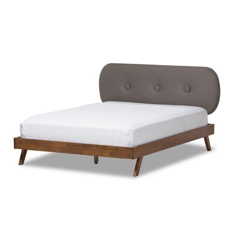 Penelope Mid-Century Modern Solid Wood and Fabric Upholstered Platform Bed Gray/Walnut Brown - Baxton Studio, 3 of 8
