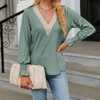 Coolmee Womens Long  Lantern Sleeve Tops Lace V Neck Loose Fit Shirts Eyelet Hollow Dressy Casual T Shirts Medium Dark Green - 2 of 4
