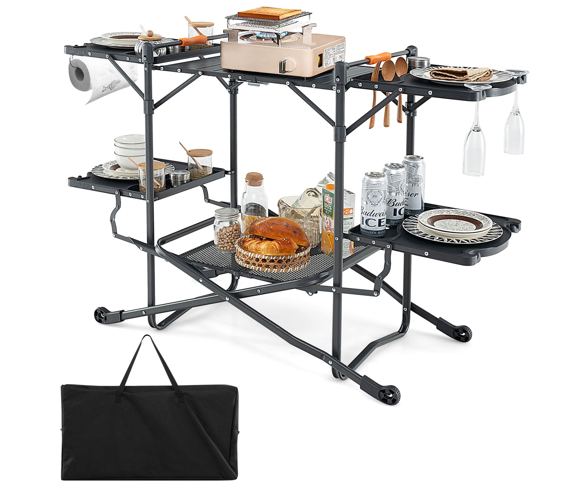 Costway Camping Kitchen Table Folding Outdoor Cooking Station w/ 4 Side Tables Storage Rack