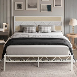 VECELO Metal Platform Bed Frame with Rustic Vintage Wooden Headboard, Heavy Duty Metal Slats Support - 1 of 4
