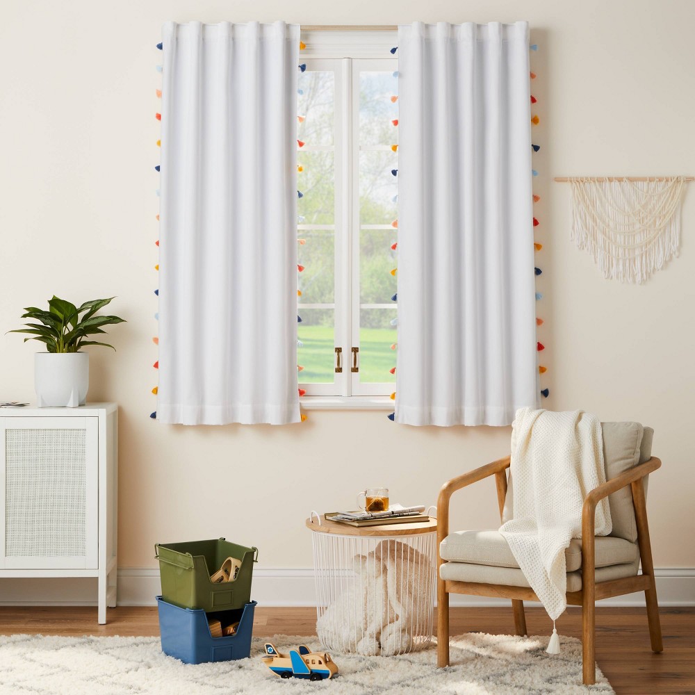 Photos - Curtains & Drapes 63" Blackout Tassel Kids' Curtain Panel White - Pillowfort™