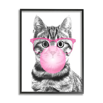 Stupell Industries Adorable Cat Bubble Gum Pink Glasses Monochrome Illustration Framed Giclee Art
