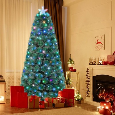 Costway 5FT/6FT/7FT Pre-Lit Fiber Optic Christmas Tree Xmas Decor with 148/185/226 Multi-Color LED Lights