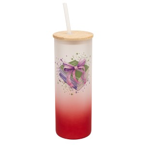 Elanze Designs 25 Ounce Frosted Glass Gradient Travel Tumbler With Straw and Wooden Lid, Books and Bows Red - 1 of 1